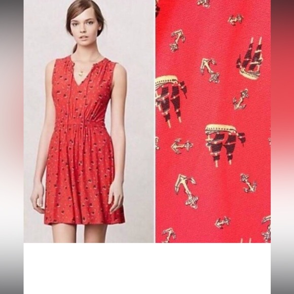 Leifnotes Red Casual Dress w Anchors &  ships size XS - Picture 2 of 11
